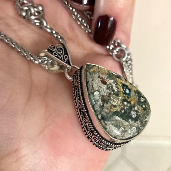 925 sterling overlay ocean moss agate jasper stone charm chain boho necklace - Picture 11 of 16